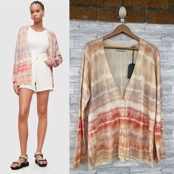Allsaints Marea Tie Dye Cardigan Sweater Merino Wool Rainbow  Cream New M - Picture 1 of 17
